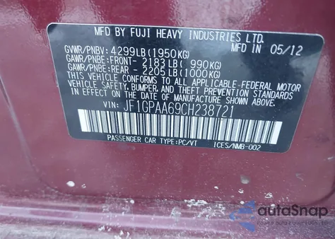 2012 Subaru Impreza 2.0I from USA, damaged, VIN JF1GPAA69CH238721